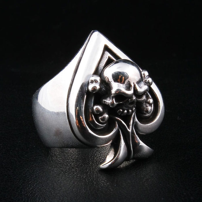 A biker ring shaped like the Ace of Spades, also known as the death card, in polished sterling silver.