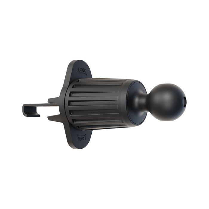 The Adjustable Car Vent Mount with 17mm Ball is a black, cylindrical plastic base with a ridged grip, locking mechanism, and ball end. It fits 17mm device holders for hands-free phone use and features LOCK labels for secure attachment.