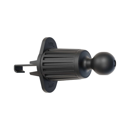 The Adjustable Car Vent Mount with 17mm Ball is a black, cylindrical plastic base with a ridged grip, locking mechanism, and ball end. It fits 17mm device holders for hands-free phone use and features LOCK labels for secure attachment.