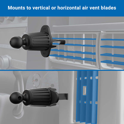The Adjustable Car Vent Mount with 17mm Ball attaches to vertical or horizontal air vents and supports 17mm device holders, enabling hands-free phone use in different vent orientations.