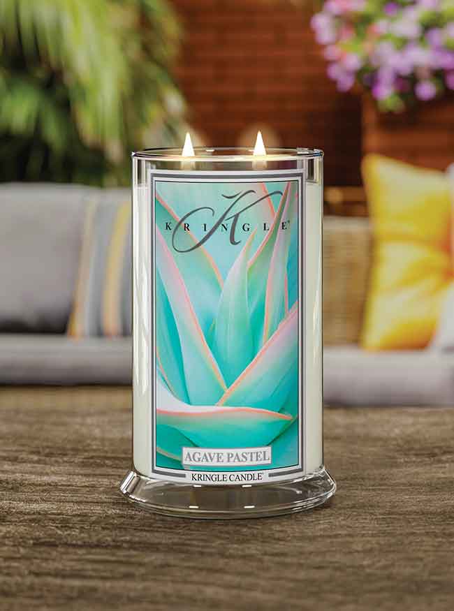 Agave Pastel Large Jar lit candle  in a living room - Kringle Candle Company