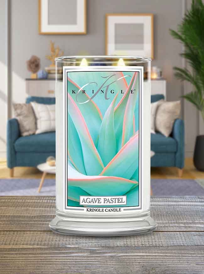 Agave Pastel Large Jar lit candle in a living room - Kringle Candle Company