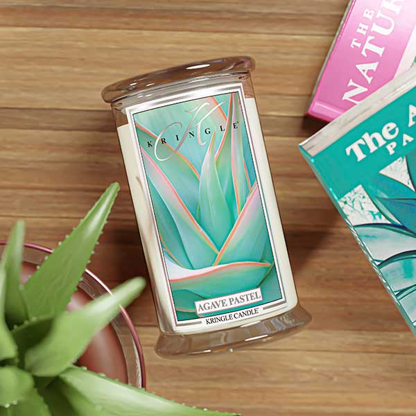 Kringle Candle Agave Pastel on a wooden surface with a plant and books in the background