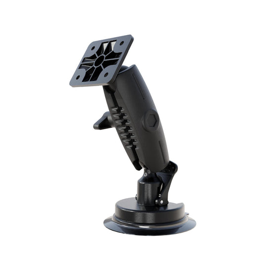 The AMPS Mounting Plate with Suction Mount is a black, adjustable bracket featuring a suction cup base and a rectangular AMPS mounting plate on top, designed for securely attaching devices such as GPS units or cameras to smooth surfaces.