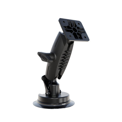 The AMPS Mounting Plate with Suction Mount is a black plastic windshield device mount featuring an adjustable arm and a rectangular AMPS mounting plate, shown on a white background.