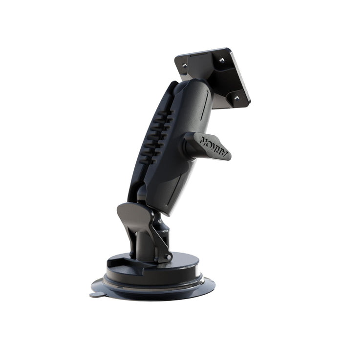 The AMPS Mounting Plate with Suction Mount, shown in a side view, features a black adjustable suction cup base and a rectangular AMPS mounting plate for securing devices such as GPS units or smartphones to various surfaces.