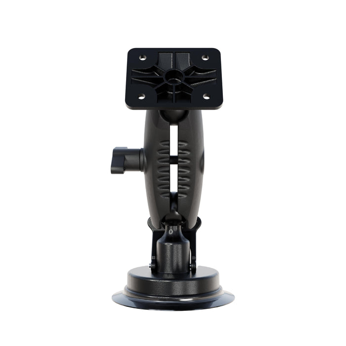 The AMPS Mounting Plate with Suction Mount is shown from the front, featuring a black adjustable suction base and an AMPS mounting plate on top, set against a white background.