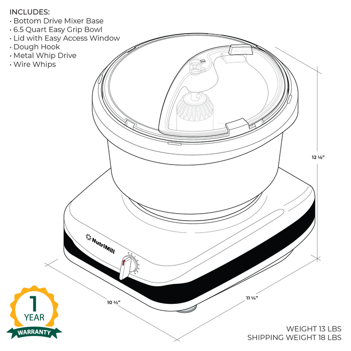 Technical illustration of the NutriMill artiste mixer with warranty information