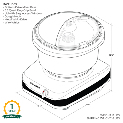 Technical illustration of the NutriMill artiste mixer with warranty information
