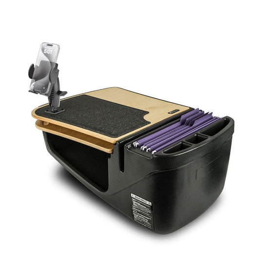 The AutoExec GripMaster Car Desk with Mega Grip™ Drill-Base Mount is a portable car desk designed as a mobile office workstation, featuring a wood and black work surface, file folders, multiple storage compartments, and a Mega Grip™ phone mount to securely hold your device.