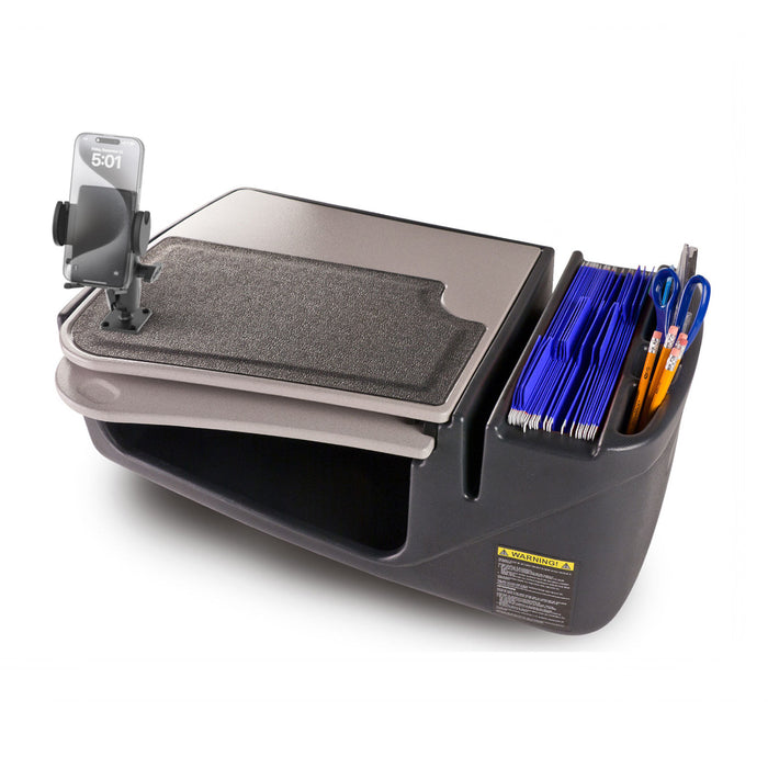 Introducing the AutoExec GripMaster Car Desk with Mega Grip™ Drill-Base Mount—the ultimate mobile office workstation, featuring a dedicated Mega Grip phone mount, convenient writing surface, compartments for pens, scissors, and blue file folders, plus ample storage space underneath.