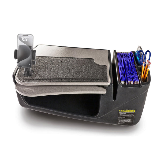 The AutoExec GripMaster Car Desk with Mega Grip™ Drill-Base Mount is a portable mobile office workstation featuring a Mega Grip phone mount, storage compartments for folders, pens, and pencils, and a flat writing surface.