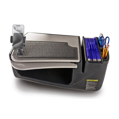 The AutoExec GripMaster Car Desk with Mega Grip™ Drill-Base Mount is a portable mobile office workstation featuring a Mega Grip phone mount, storage compartments for folders, pens, and pencils, and a flat writing surface.