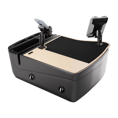 AutoExec GripMaster Efficiency Car Desk with Mega Grip™ and Slim-Grip® Ultra Pro Drill-Base Mounts, featuring two adjustable tablet holders, a flat writing surface, and built-in storage compartments—ideal as a car desk or workstation accessory—is displayed on a white background.