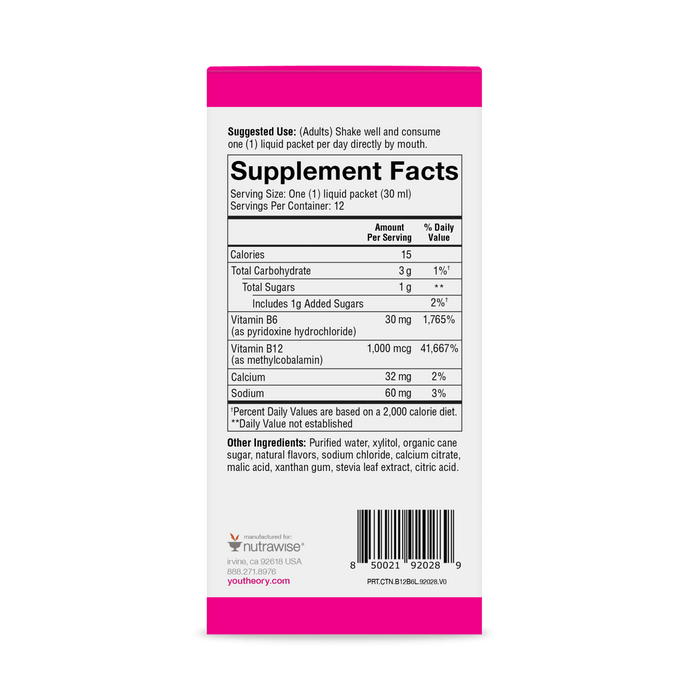 CTN.B12B6L.92028 Youtheory B12B6 Liquid Berry Flavor 12 ct Nutrition Facts Panel