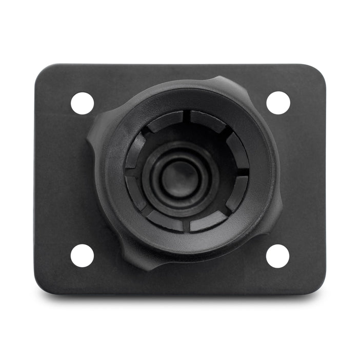 Close-up of the 22mm Ball to 4 Hole AMPS Head Conversion Kit, a black rectangular bracket with a 4 Hole AMPS pattern and central socket, perfect for secure mount conversions between 22mm ball and AMPS-compatible components.