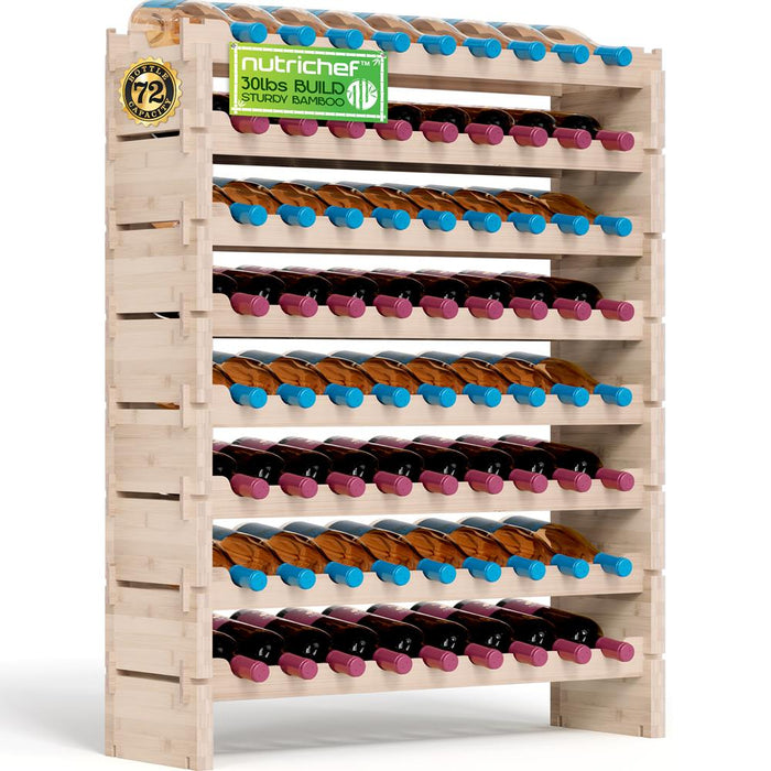 Bamboo Wine Rack 72-Bottle Capacity, Stackable, No Tools, White