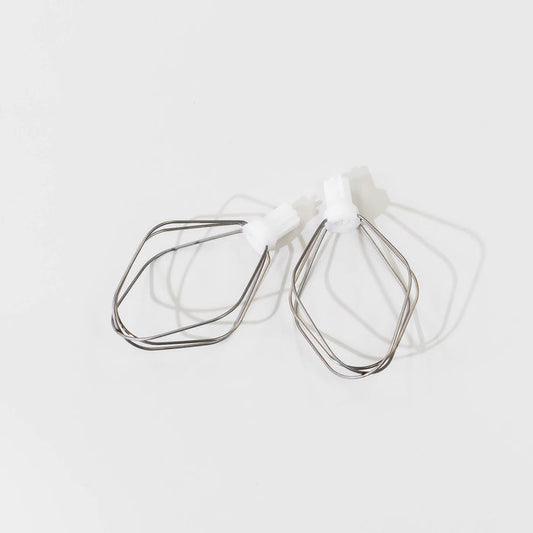 Two batter whisks with white gears, placed against a white background.