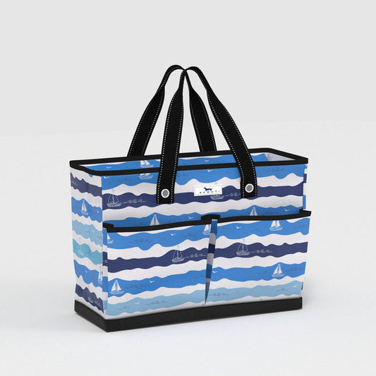 Tote bag with blue wave pattern on a white background