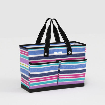 Striped tote bag with black handles on a light gray background