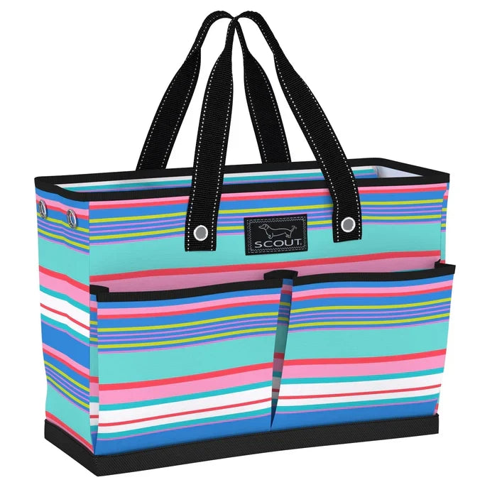 Colorful striped tote bag with Scout logo on a white background