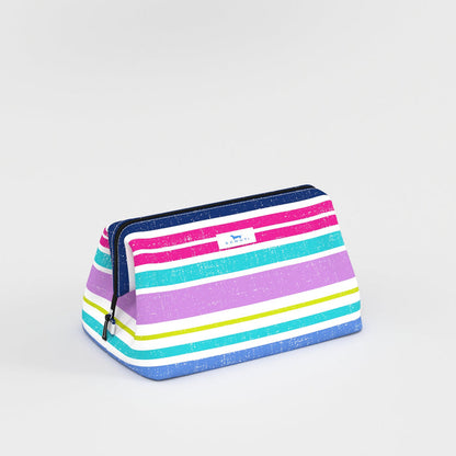 Multicolored striped pouch with a brand logo on a light gray background