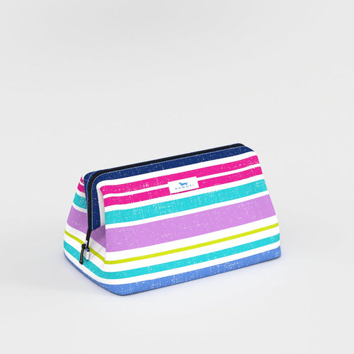 Multicolored striped pouch with a brand logo on a light gray background