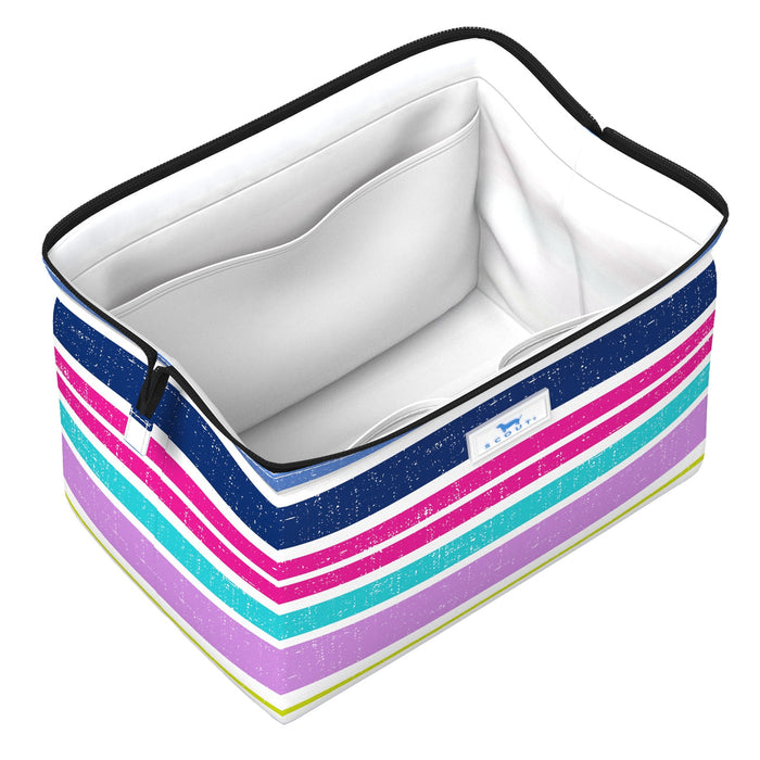 Storage bin with colorful striped pattern on a white background