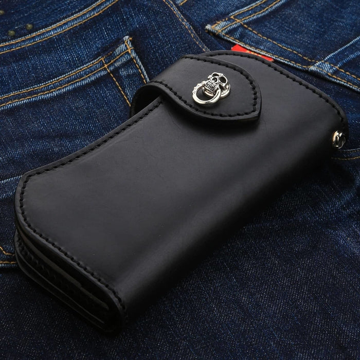 A premium and genuine cowhide leather wallet with a secure grommet for a wallet chain.