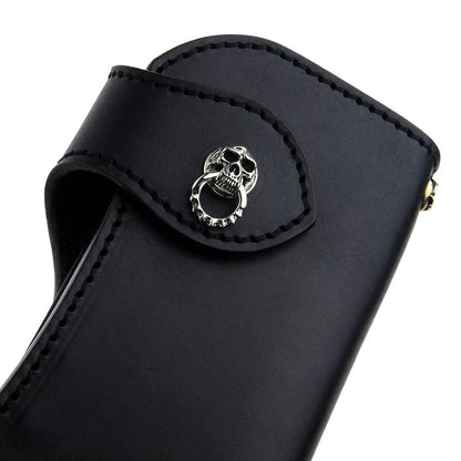 A classic trucker-style wallet in premium black leather, designed to be the perfect accessory for any rider.