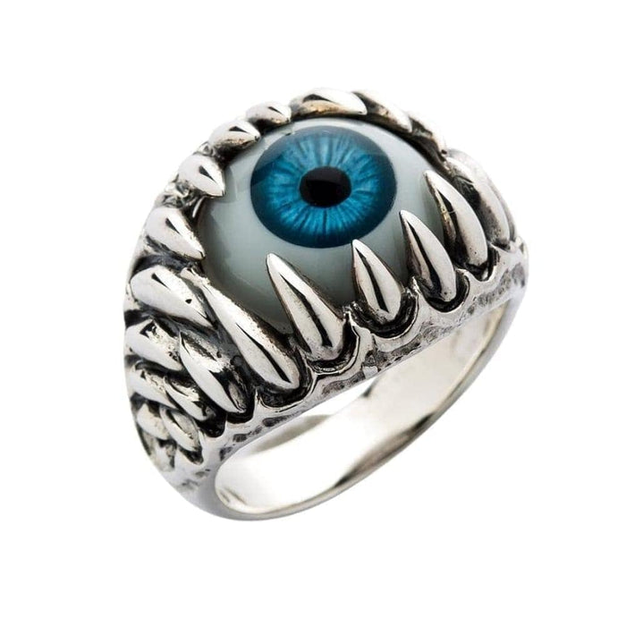 A front view of the sterling silver blue monster eyeball ring, showing the realistic eye surrounded by sharp teeth.