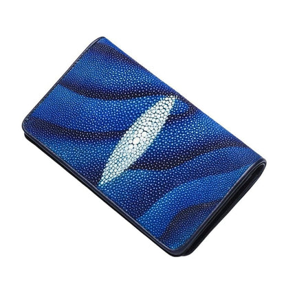 A front view of the handmade blue two-tone genuine stingray skin long wallet.