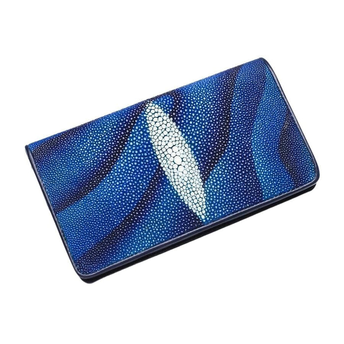An angled view of the men's exotic blue stingray leather wallet.