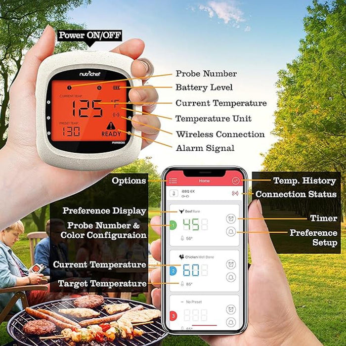 Bluetooth Meat Thermometer 4 Probes LCD Display Stainless Steel