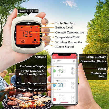 Bluetooth Meat Thermometer 4 Probes LCD Display Stainless Steel
