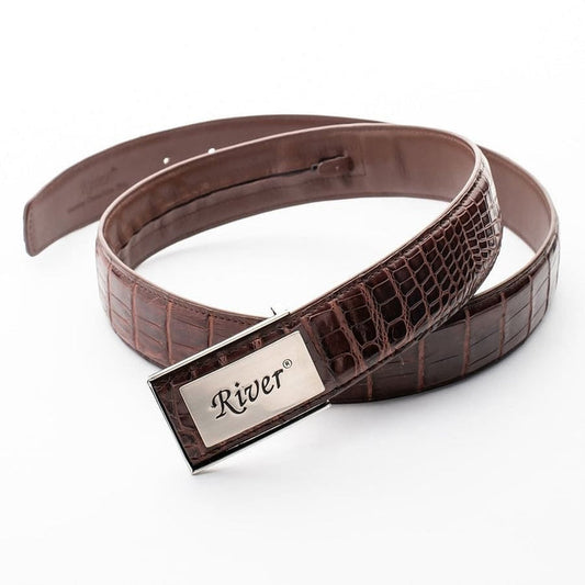 Genuine brown crocodile leather belt coiled showing River buckle and scale texture