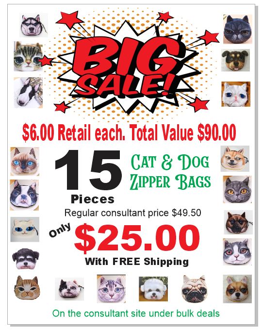 BS01 Assortment of 15 Cat & Dog Zipper Bag Coin Purse