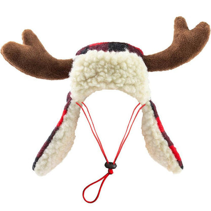 Buffalo Red Check Antler Holiday Warm Pet Hat with Snugfit