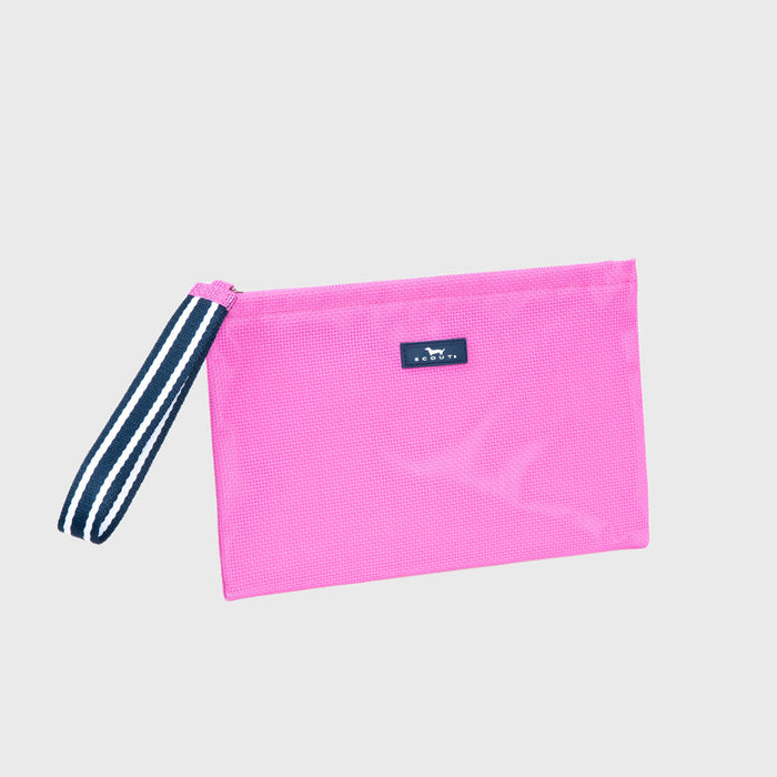 Pink pouch with a blue label and white stripes on a light gray background