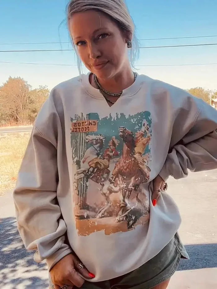 Cactus Motel Western Graphic SweatshirtCreamS