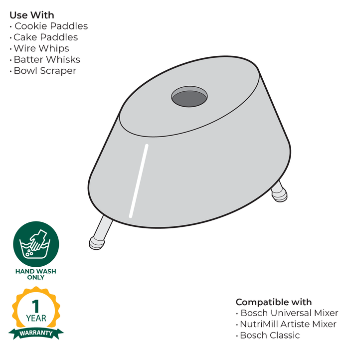 Technical illustration of a NutriMill metal whip driver with warranty and care information