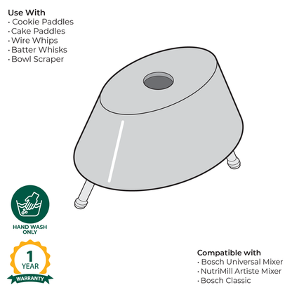 Technical illustration of a NutriMill metal whip driver with warranty and care information