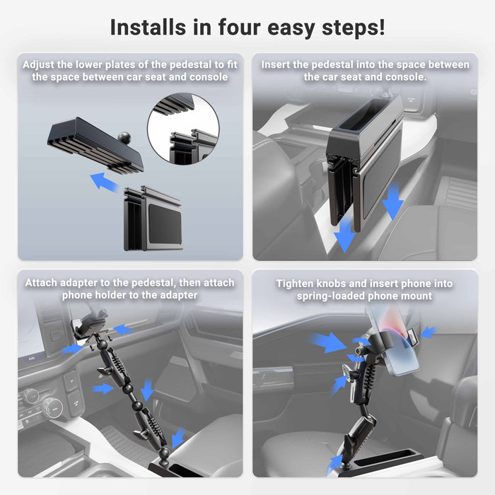 Four-step visual guide demonstrating how to install the Car Seat Wedge RoadVise® Ultra Phone Holder with Dual Shaft Arms between a car seat and console in heavy-duty trucks, with arrows illustrating each step: adjusting, inserting the wedge, attaching and tightening the mount, and placing a phone securely in the RoadVise® holder.