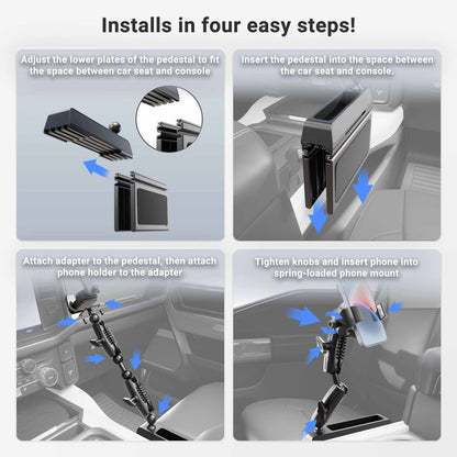 Four-step visual guide demonstrating how to install the Car Seat Wedge RoadVise® Ultra Phone Holder with Dual Shaft Arms between a car seat and console in heavy-duty trucks, with arrows illustrating each step: adjusting, inserting the wedge, attaching and tightening the mount, and placing a phone securely in the RoadVise® holder.