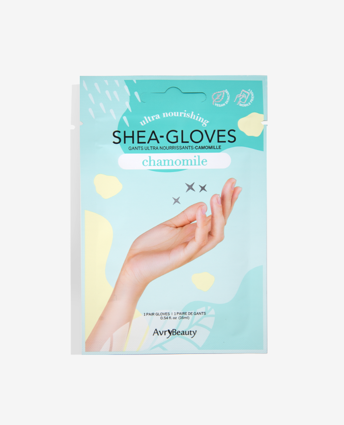 Packaging of 'Chamomile Shea Gloves' by Avry Beauty, featuring an image of a hand wearing a manicure glove and the product's details.