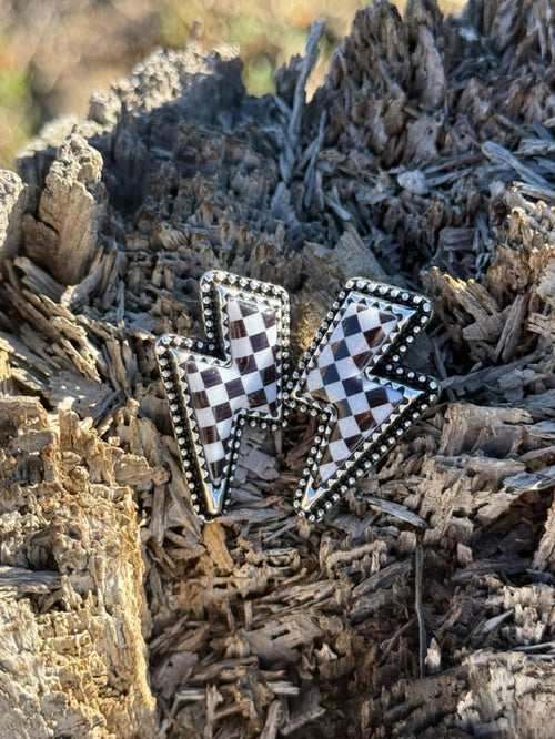 Checkered Thunder Bolt Stud Earrings