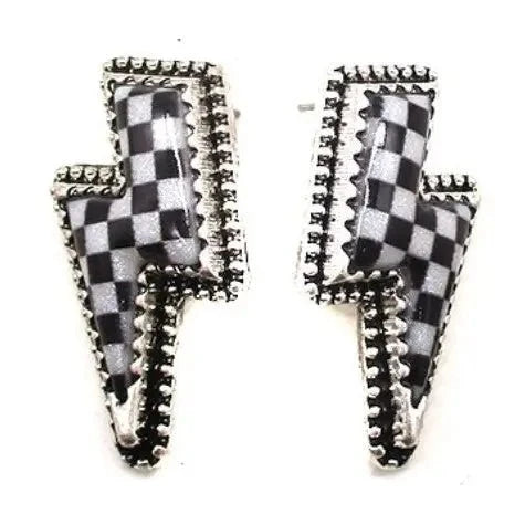 Checkered Thunder Bolt Stud Earrings
