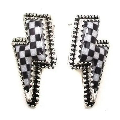 Checkered Thunder Bolt Stud Earrings