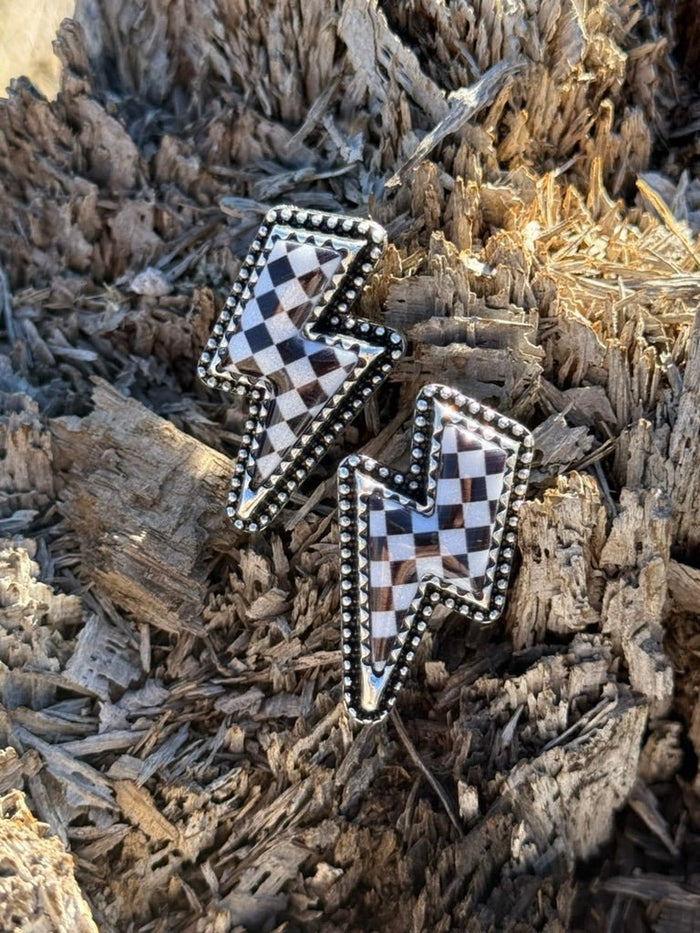 Checkered Thunder Bolt Stud Earrings