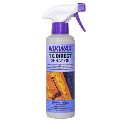 Spray-on waterproofing for wet weather clothing items.  Great for adding water repellency to garments made of laminated, PU coated and breathable fabrics with wicking or absorbent liners, including Gore-Tex® and eVent®.